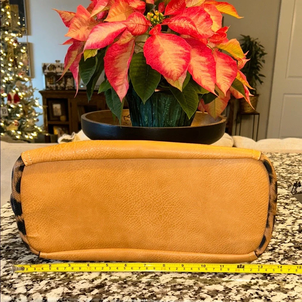 Boutique Tan and Leopard Print faux leather Tote with velvet lined interior